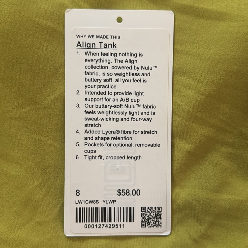 Lululemon Align Crop Tank Nulu 🍐 Yellow Pear Green Size 8 A/B Cup - Picture 4 of 9
